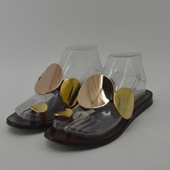 Tory Burch Brown Gold Sandals Circle Plates Size 8 - Picture 12 of 13
